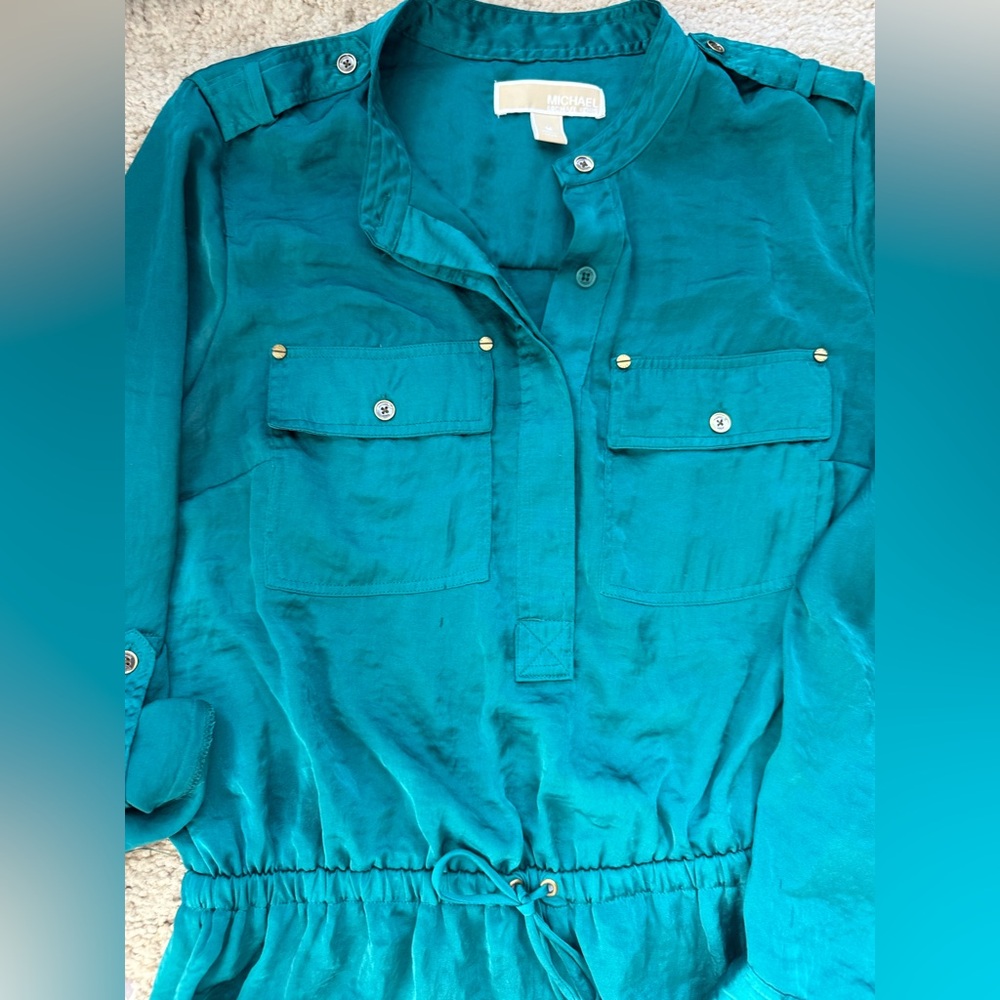 Michael Kors Blue-Green Teal Button Up Utility Shirt Top | Vintage Sheer Blouse - Picture 11 of 13